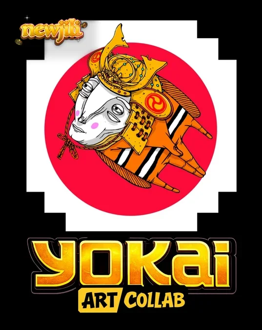 Isang masining na paglalarawan ng Yokai slot na nagpapakita ng mga espiritu at ang Samurai protector.