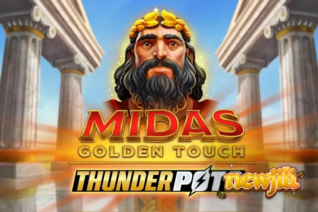 Isang mobile screenshot ng Midas Golden Touch: Thunder Pots slot game, nagpapakita ng 5x3 grid na may mga gintong simbolo at tatlong dibdib sa itaas, na may malinaw na touch controls.